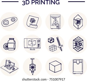 Hand drawn doodle video 3d printing set. Vector illustration. Isolated elements on white background. Symbol collection.