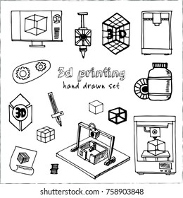 Hand drawn doodle video 3d printing set. Vector illustration. Isolated elements on white background. Symbol collection.