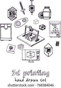 Hand drawn doodle video 3d printing set. Vector illustration. Isolated elements on white background. Symbol collection.