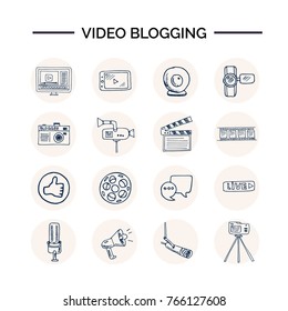 Hand drawn doodle video blogging set. Vector illustration. Isolated elements Symbol collection.