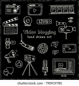 Hand drawn doodle video blogging set. Vector illustration. Isolated elements on chalkboard background. Symbol collection.
