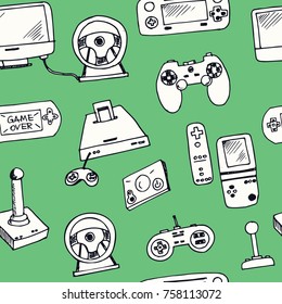 Hand drawn doodle video games seamless pattern Vector illustration. Symbol collection.
