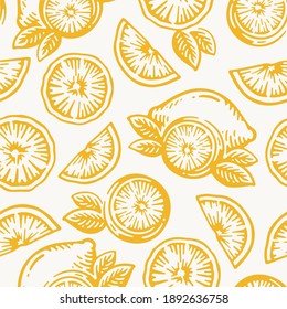Hand drawn doodle vintage of lemon fruits, orange or tangerine harvest vector pattern seamless background.