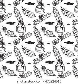 Hand drawn doodle Vintage Quill Pen with inkwell and paper scroll - Vector Seamless Pattern