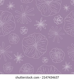 Papel de paredes abstracto violeta dibujado a mano con flores de línea blanca. Patrón de vector púrpura para papel, tela, libro, dormitorio, niños.