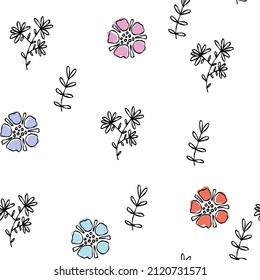 Hand drawn doodle violet pink orange white seamless wallpaper flowers. Cute line vector pattern for paper, fabric, book, bedroom, children.