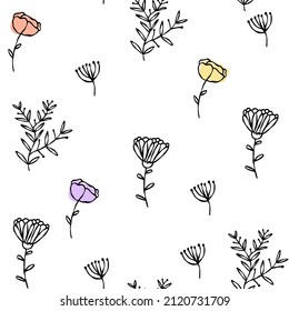 Hand drawn doodle violet yellow orange white seamless wallpaper flowers. Cute line vector pattern for paper, fabric, book, bedroom, children.