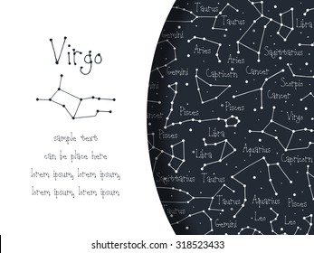 Hand drawn doodle Virgo astrological sign card, brochure, booklet, cover. Astrological horoscope background