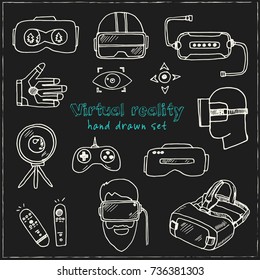 Hand drawn doodle virtual reality set. Vector illustration. Isolated elements on chalkboard background. Symbol collection. 