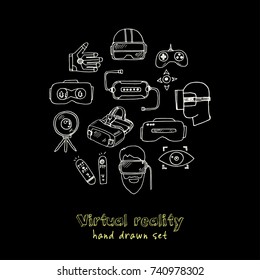 Hand drawn doodle virtual reality set. Vector illustration. Isolated elements on chalkboard background. Symbol collection.