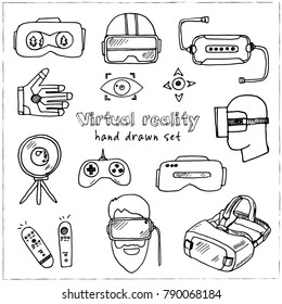 Hand drawn doodle virtual reality set. Vector illustration. Isolated elements on white background. Symbol collection.