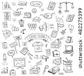 Hand drawn doodle Vote icons set. Vector illustration. Election symbols collection. Cartoon various voting elements: hand putting paper in the ballot box, speaker, scale, calendar, infographics, case.