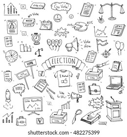 Hand drawn doodle Vote icons set. Vector illustration. Election symbols collection. Cartoon various voting elements: hand putting paper in the ballot box, speaker, scale, calendar, infographics, case.