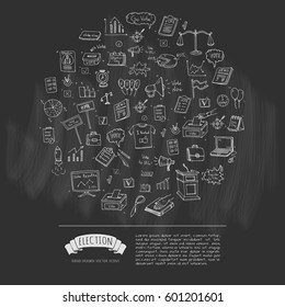 Hand drawn doodle Vote icons set. Vector illustration. Election symbols collection. Cartoon various voting elements: hand putting paper in the ballot box, speaker, scale, calendar, infographics, case.