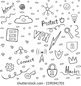 Handgezeichneter VPN-Satz. Enthält VPN-Designzeichen und -Symbole wie Blitz, Server, Cloud, Schlüssel, Schloss, Schild, Vergrößerungsglas, Zahnradwolke.