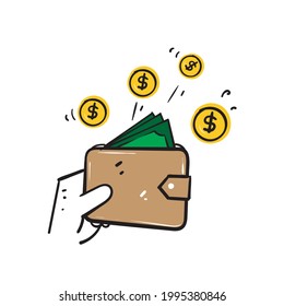 hand drawn doodle wallet and money symbol for cash bask illustration icon