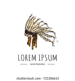 Hand drawn doodle War bonnet - traditional Indians feathered headdress isolated on white background. Vector illustration. Indians symbol. Cartoon ceremony element: headgear, male, tradition, tribe