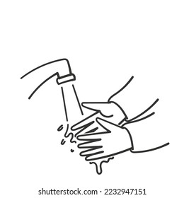 hand drawn doodle wash hands with tap water illustration