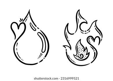 hand drawn doodle of water and fire symbol on white background