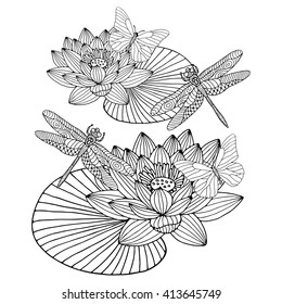 Hand drawn doodle with a water lily and dragonfly, line art for coloring books