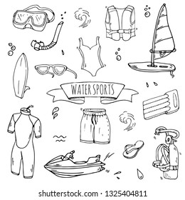 Hand drawn doodle Water sports icons set. Vector illustration, isolated symbols collection, Cartoon various elements: wakeboard, waterski, surfing, kayak, kitesurfing, paddle, parasailing