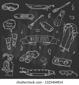 Hand drawn doodle Water sports icons set. Vector illustration, isolated symbols collection, Cartoon various elements: wakeboard, waterski, surfing, kayak, kitesurfing, paddle, parasailing