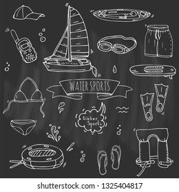 Hand drawn doodle Water sports icons set. Vector illustration, isolated symbols collection, Cartoon various elements: wakeboard, waterski, surfing, kayak, kitesurfing, paddle, parasailing