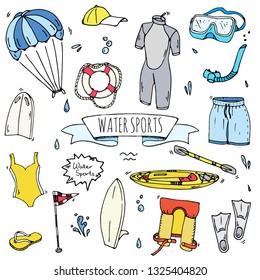 Hand drawn doodle Water sports icons set. Vector illustration, isolated symbols collection, Cartoon various elements: wakeboard, waterski, surfing, kayak, kitesurfing, paddle, parasailing