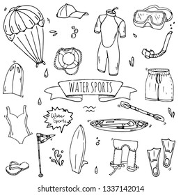 Hand drawn doodle Water sports icons set. Vector illustration, isolated symbols collection, Cartoon various elements: surfing, kayak, swimming suit, paddle, parasailing, snorkeling, safety jacket