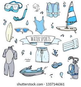 Hand drawn doodle Water sports icons set. Vector illustration, isolated symbols collection, Cartoon various elements: surfing board, windsurfing, snorkeling, swimming suit, safety jacket, shorts