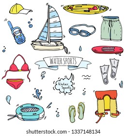 Hand drawn doodle Water sports icons set. Vector illustration, isolated symbols collection, Cartoon various elements: kayak, surfing board, sails katamaran, swimming suit, flippers, safety jacket