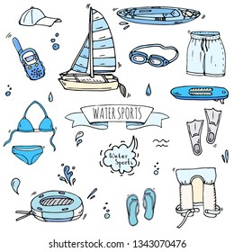 Hand drawn doodle Water sports icons set. Vector illustration, isolated symbols collection, Cartoon various elements: kayak, surfing board, sails katamaran, swimming suit, flippers, safety jacket