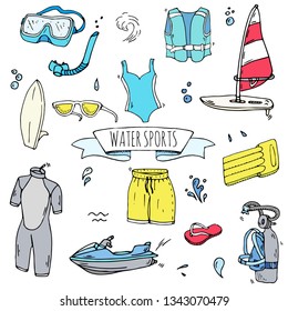 Hand drawn doodle Water sports icons set. Vector illustration, isolated symbols collection, Cartoon various elements: surfing board, windsurfing, snorkeling, swimming suit, safety jacket, shorts