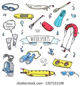 Handgezeichnete Doodle Wassersportsymbole Set. Vektorgrafik, einzelne Symbolsammlung, Cartoon-Elemente: Surfbrett, Kitesurfen, Paddel, Schnorcheln, Tauchausrüstung, Fernglas