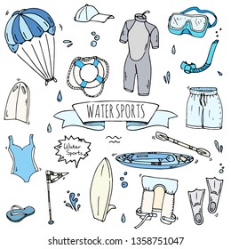 Hand drawn doodle Water sports icons set. Vector illustration, isolated symbols collection, Cartoon various elements: wakeboard, waterski, surfing, kayak, kitesurfing, paddle, parasailing