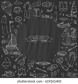 Hand drawn doodle Water sports icons set. Vector illustration, isolated symbols collection, Cartoon various elements: jetski, wakeboard, waterski, surfing, kayak, kitesurfing, paddle, parasailing