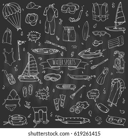 Hand drawn doodle Water sports icons set. Vector illustration, isolated symbols collection, Cartoon various elements: jetski, wakeboard, waterski, surfing, kayak, kitesurfing, paddle, parasailing