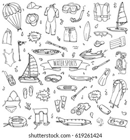 Hand drawn doodle Water sports icons set. Vector illustration, isolated symbols collection, Cartoon various elements: jetski, wakeboard, waterski, surfing, kayak, kitesurfing, paddle, parasailing