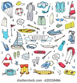 Hand drawn doodle Water sports icons set. Vector illustration, isolated symbols collection, Cartoon various elements: jetski, wakeboard, waterski, surfing, kayak, kitesurfing, paddle, parasailing