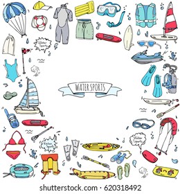 Hand drawn doodle Water sports icons set. Vector illustration, isolated symbols collection, Cartoon various elements: jetski, wakeboard, waterski, surfing, kayak, kitesurfing, paddle, parasailing