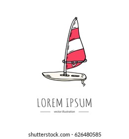 Hand drawn doodle Water sports related icon - wind surfing. Vector illustration isolated symbols on white background Cartoon colorful element for Windsurfing for web, site, design, template