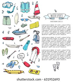 Hand drawn doodle Water sports icons set. Vector illustration, isolated symbols collection, Cartoon various elements: jetski, wakeboard, waterski, surfing, kayak, kitesurfing, paddle, parasailing