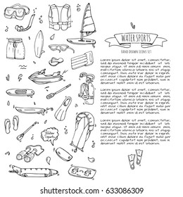 Hand drawn doodle Water sports icons set. Vector illustration, isolated symbols collection, Cartoon various elements: jetski, wakeboard, waterski, surfing, kayak, kitesurfing, paddle, parasailing