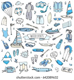 Hand drawn doodle Water sports icons set. Vector illustration, isolated symbols collection, Cartoon various elements: jetski, wakeboard, waterski, surfing, kayak, kitesurfing, paddle, parasailing