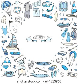 Hand drawn doodle Water sports icons set. Vector illustration, isolated symbols collection, Cartoon various elements: jet ski, wake board, surfing, kayak, kitesurfing, paddle, parasailing