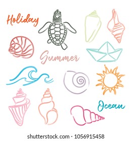 Hand drawn doodle watercolor Seashells and Sea elements set. Vector format