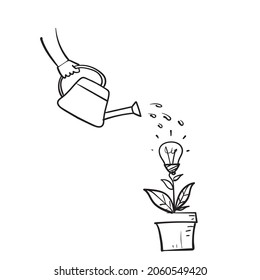 hand drawn doodle watering plant bulb illustration icon isolated