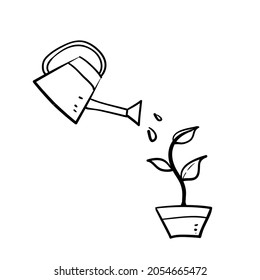 hand drawn doodle watering plants concept illustration