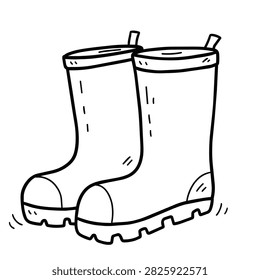 Hand drawn doodle of waterproof rain boots or wellies in black and white outline style.