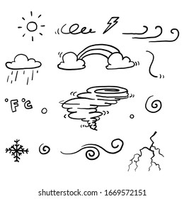 hand drawn doodle weather element collection symbol set with line art cartoon style vector